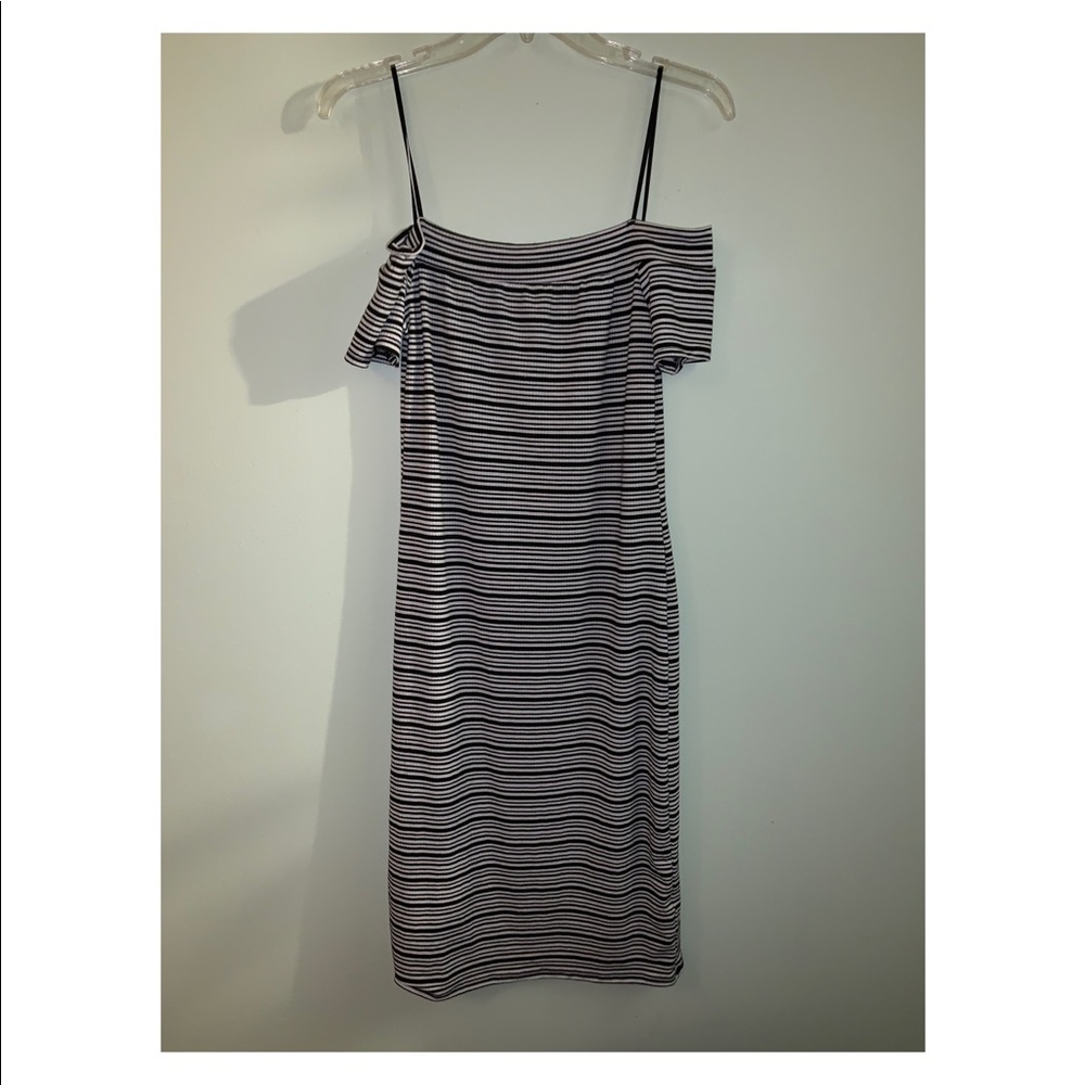 Striped, off shoulder fitted dress.
